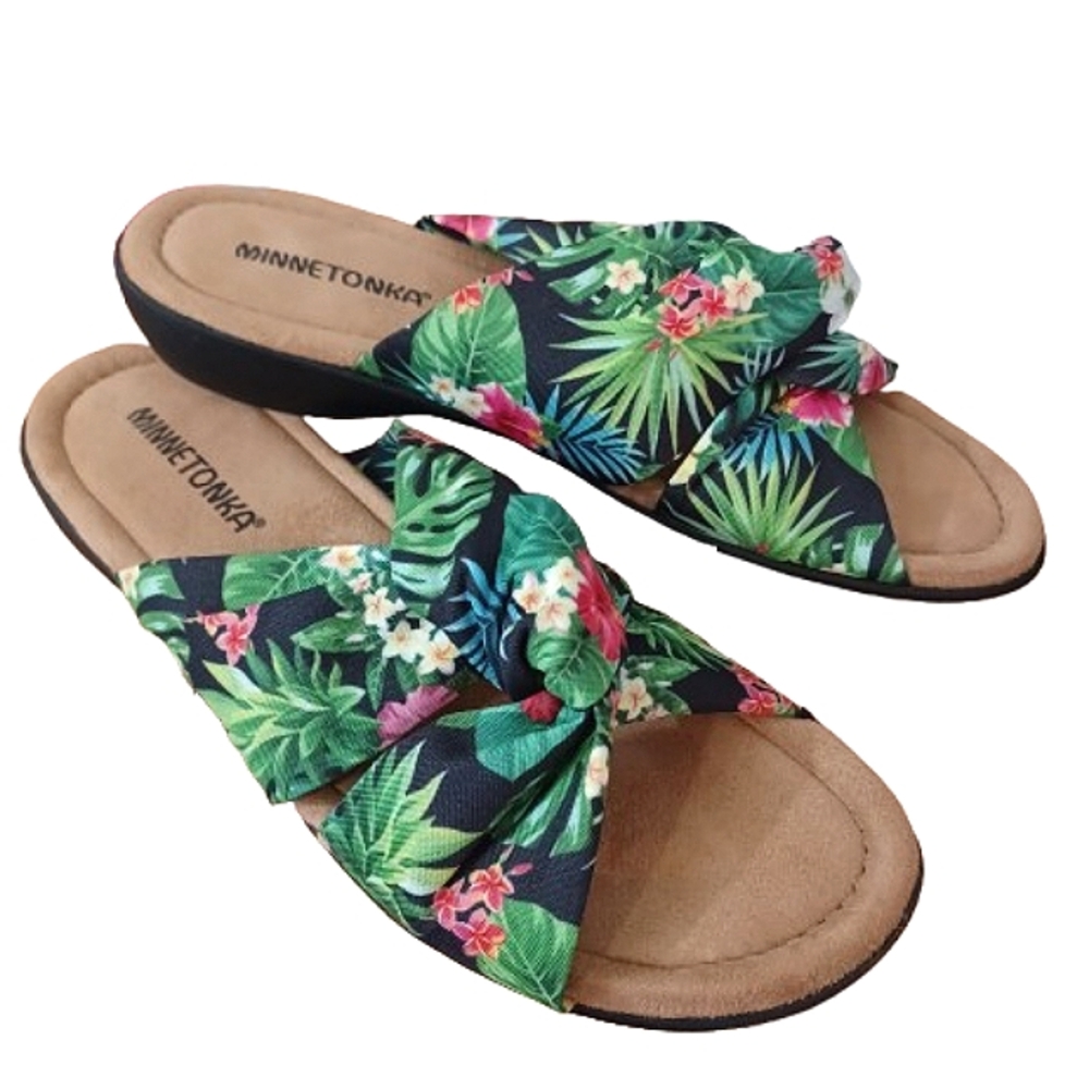 Minnetonka Women's Floral Open Toe Slide Sandals - Black and Green Size 8 Shoes - Picture 10 of 10